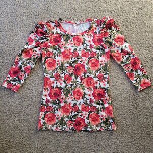 piphany coral red rose print soft princess sleeve top